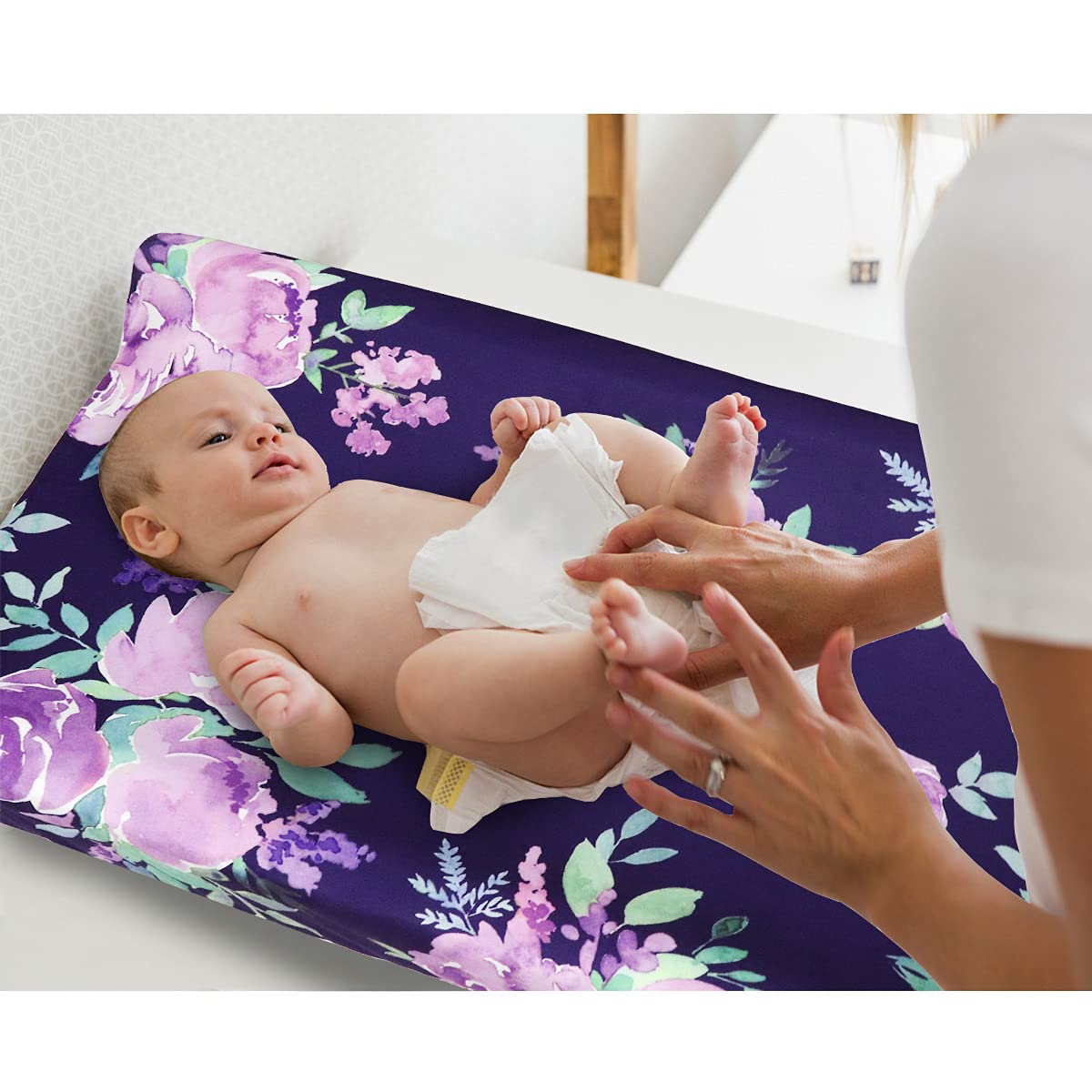 Purple Flower Changing Pad Cover Diaper Changing Mat Cover Sheets for Newborn Girls Soft Breathable Nursery Changing Table Sheets