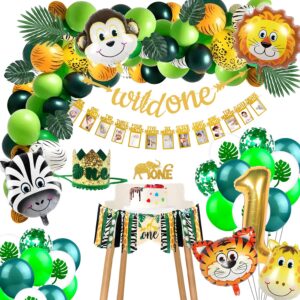 fvabo wild one birthday decorations - jungle theme party supplies include leaf, baby photo banner, highchair banner, topper, balloons garland arch, crown, for 1st animal safari birthday party decor