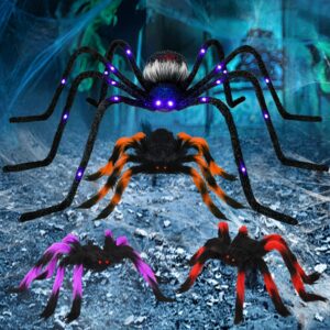 rocinha 4 pack halloween spider, 4ft giant spider and colorful hairy spider with red eyes, large light up spider with color changing leds halloween decoration props for yard, lawn, party, outdoor