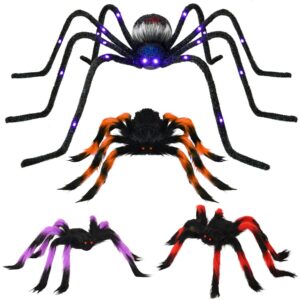 Rocinha 4 Pack Halloween Spider, 4Ft Giant Spider and Colorful Hairy Spider with Red Eyes, Large Light up Spider with Color Changing LEDs Halloween Decoration Props for Yard, Lawn, Party, Outdoor