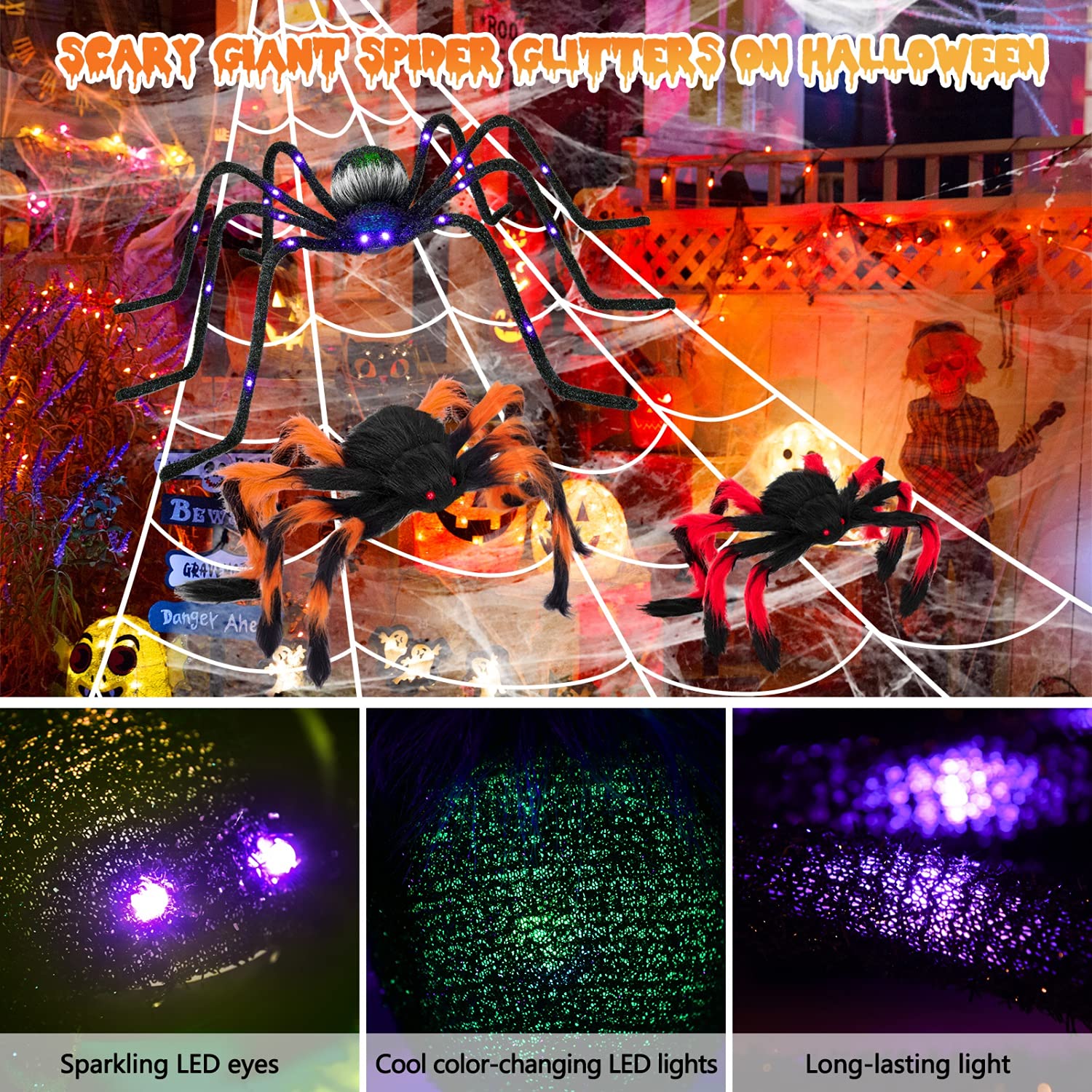 Rocinha 4 Pack Halloween Spider, 4Ft Giant Spider and Colorful Hairy Spider with Red Eyes, Large Light up Spider with Color Changing LEDs Halloween Decoration Props for Yard, Lawn, Party, Outdoor