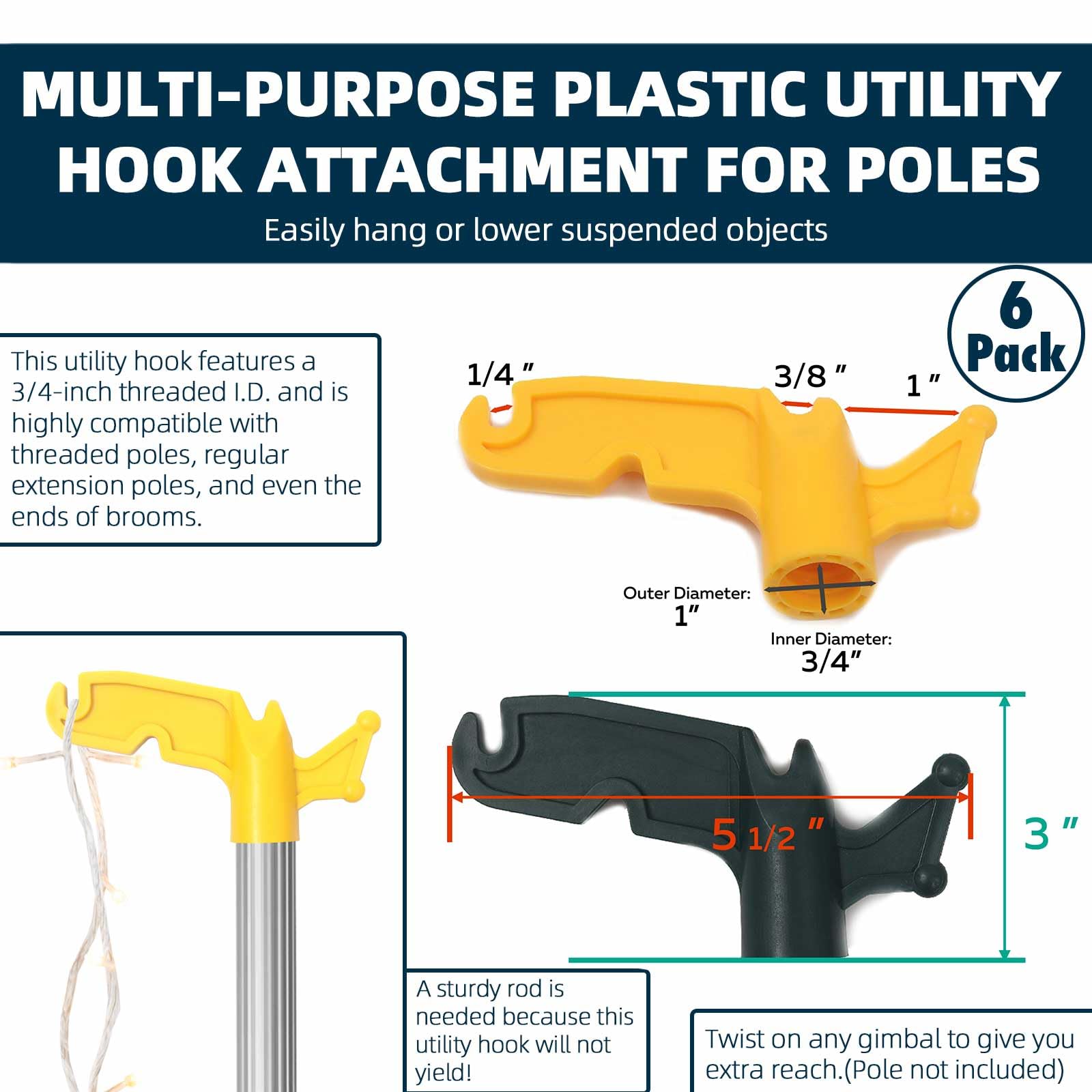 (2-Pack) Multi-Purpose Plastic Utility Hook Attachment for Poles- Screw-On Hook 3/4" Inner Diameter Fits Threaded Poles Extension Poles & Broom Handles, Bird Feeder Pole Hanger Tool