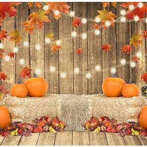 Avezano Fall Pumpkin Photography Backdrop Rustic Thanksgiving Harvest Wooden Floor Background Autumn Maple Leaves Baby Shower Decorations Party Supplies Photo Booth Props 7x5ft