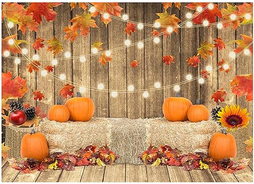 Avezano Fall Pumpkin Photography Backdrop Rustic Thanksgiving Harvest Wooden Floor Background Autumn Maple Leaves Baby Shower Decorations Party Supplies Photo Booth Props 7x5ft