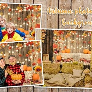 Avezano Fall Pumpkin Photography Backdrop Rustic Thanksgiving Harvest Wooden Floor Background Autumn Maple Leaves Baby Shower Decorations Party Supplies Photo Booth Props 7x5ft