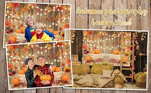 Avezano Fall Pumpkin Photography Backdrop Rustic Thanksgiving Harvest Wooden Floor Background Autumn Maple Leaves Baby Shower Decorations Party Supplies Photo Booth Props 7x5ft