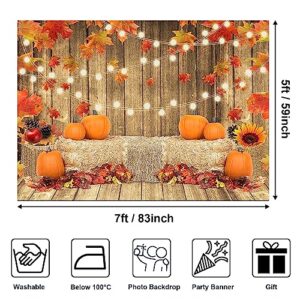 Avezano Fall Pumpkin Photography Backdrop Rustic Thanksgiving Harvest Wooden Floor Background Autumn Maple Leaves Baby Shower Decorations Party Supplies Photo Booth Props 7x5ft