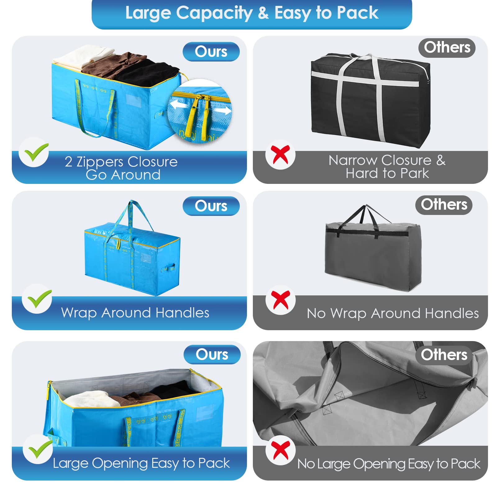 Extra Large Heavy Duty Moving Bags,Storage Bags with Handles for Packing,8 Large Totes,Waterproof Oversized Organizers,Reinforced Puncture Resistance and Strong Zipper Pulls,Alternative To Moving Box