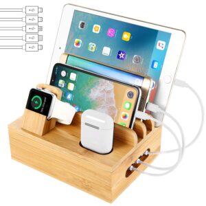 bamboo charging station dock for 4/5 / 6 ports usb charger with 5 charging cables included, desktop docking station organizer for cellphone,smart watch,tablet(no power supply)