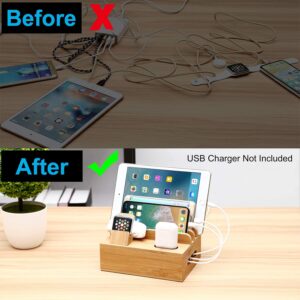 Bamboo Charging Station Dock for 4/5 / 6 Ports USB Charger with 5 Charging Cables Included, Desktop Docking Station Organizer for Cellphone,Smart Watch,Tablet(No Power Supply)