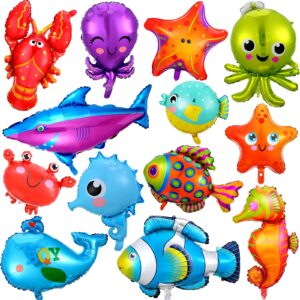 14 pieces sea animal balloons under the sea balloons octopus shark fish ocean balloons sea balloons foil balloons for boys girls ocean themed party (cute style)