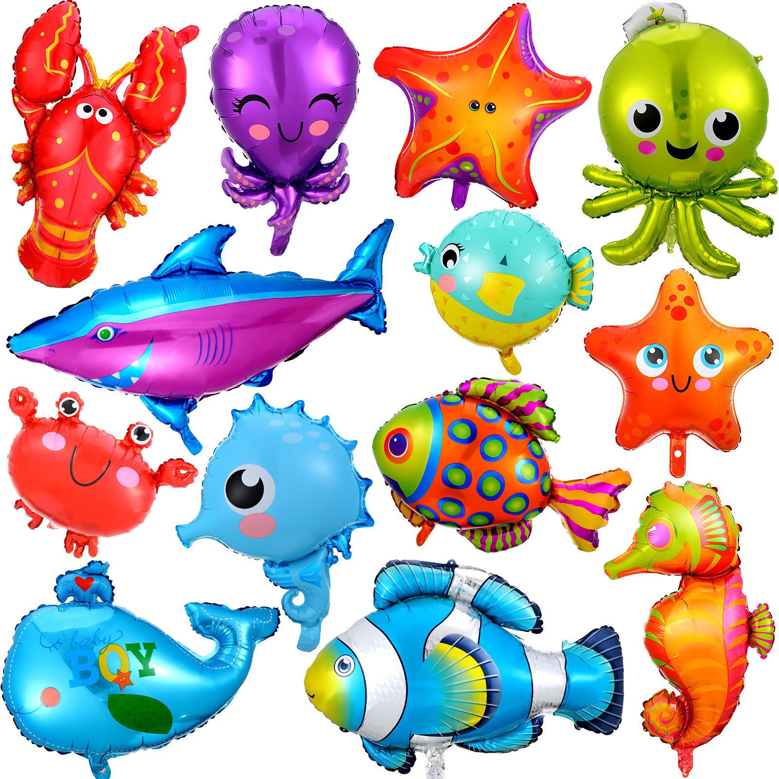 14 Pieces Sea Animal Balloons Under the Sea Balloons Octopus Shark Fish Ocean Balloons Sea Balloons Foil Balloons for Boys Girls Ocean Themed Party (Cute Style)