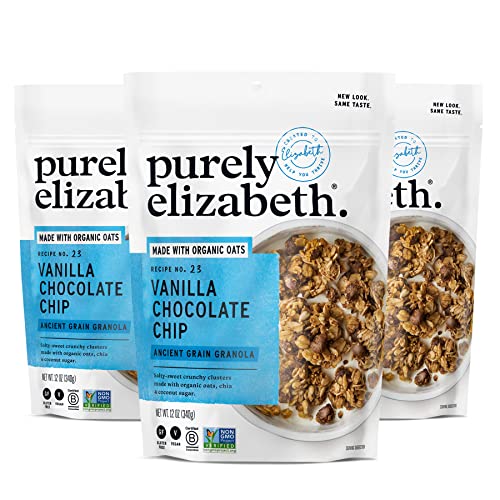 Purely Elizabeth Vanilla Chocolate Chip Granola, Made with Organic Oats and Ancient Grains, Gluten-Free, Non-GMO (3 Ct, 12oz Bags)