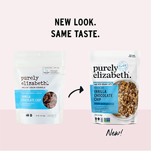 Purely Elizabeth Vanilla Chocolate Chip Granola, Made with Organic Oats and Ancient Grains, Gluten-Free, Non-GMO (3 Ct, 12oz Bags)