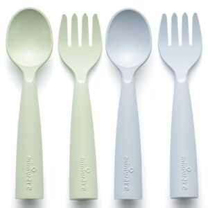 miniware my first cutlery | reusable kids training spoon and fork for baby & toddler – promotes self feeding | eco-friendly utensils | modern durable design | dishwasher safe (2 sets, aqua + key lime)