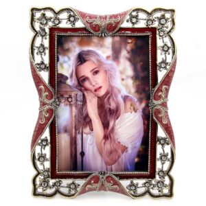 lxz vintage retro brass plated metal picture frame decorated with crystals - clear glass front cover - tabletop display vertically or horizontally, size 4 x 6 inches