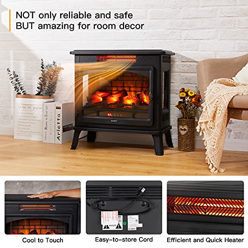 Electric Fireplace Infrared Heater 3D Freestanding Fireplace Stove Heater with Remote Control, Timer, Adjustable Flame Effect, Upgraded Safety Protection 24"