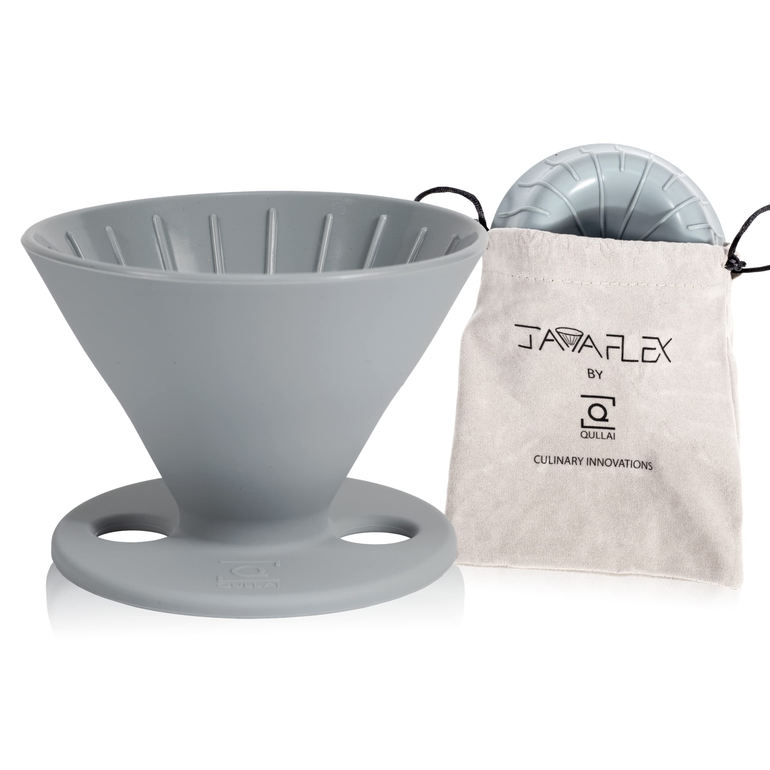 Qullai The Original JavaFlex Premium Foldable Silicone Pour Over Coffee Maker and Storage Pouch. Uses #2 V60 Cone Coffee Filters