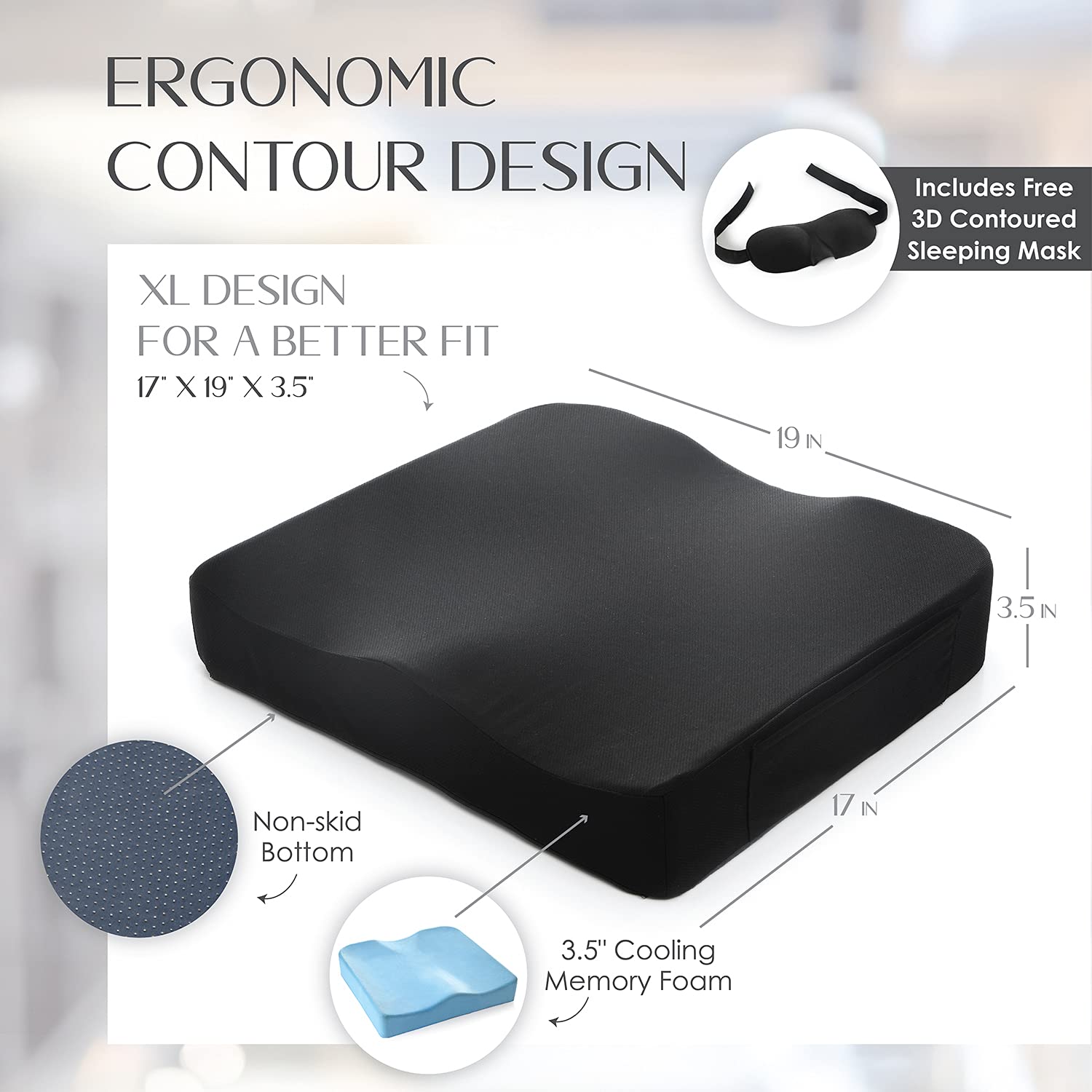 Stephan Roberts Extra Large Comfort Seat Cushion | Non-Slip Orthopedic Memory Foam | Back and Tailbone Relief | for Car, Travel, Office, Wheelchair | XL 19" x 17" x 3.5" (Cooling)