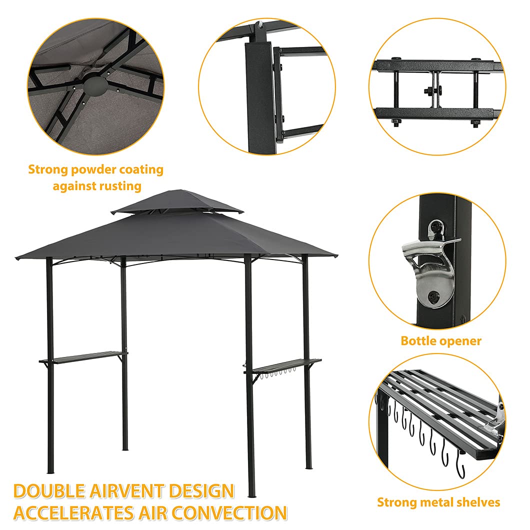 8 X 5 Ft Outdoor BBQ Grill Gazebo for Patios,Double Tier Waterproof Grill Canopy Gazebo Metal with Vented Top,Hook and Bar Counters,Grey