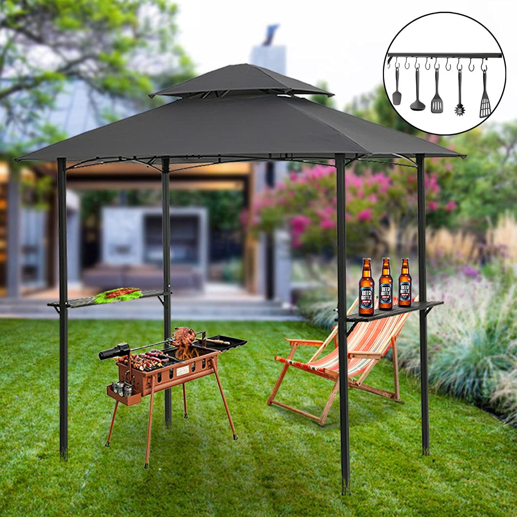 8 X 5 Ft Outdoor BBQ Grill Gazebo for Patios,Double Tier Waterproof Grill Canopy Gazebo Metal with Vented Top,Hook and Bar Counters,Grey