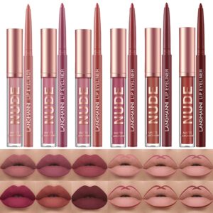 petansy 12pcs lip liner and lipstick set, 6 colors matte liquid lip sticks + 6 matching smooth nude lip liner, all in one waterproof long lasting lip gloss lips make-up gift set for girls and women(a)