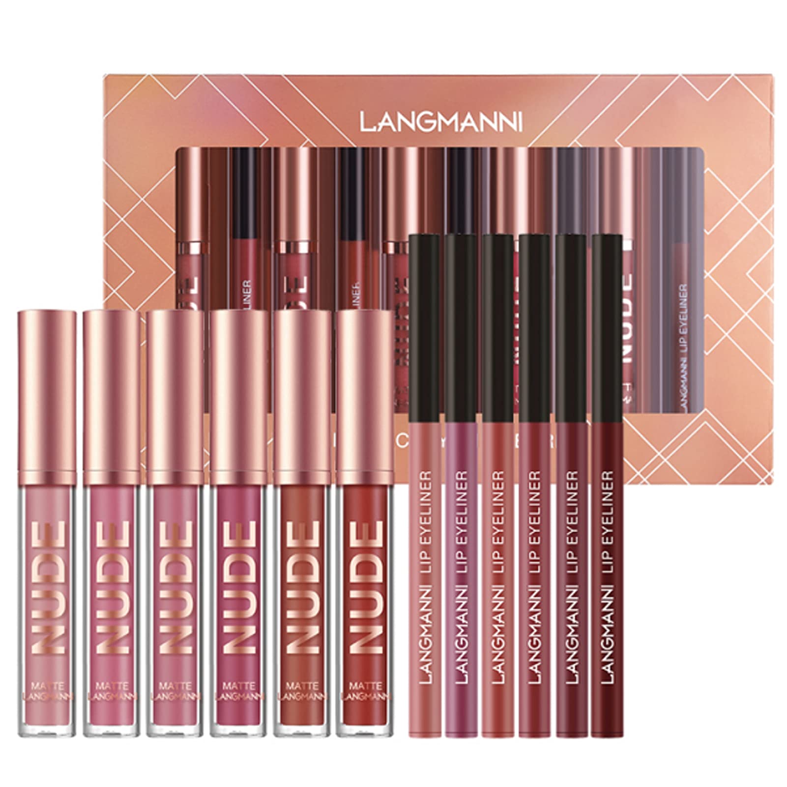 Petansy 12Pcs Lip Liner and Lipstick Set, 6 Colors Matte Liquid Lip Sticks + 6 Matching Smooth Nude Lip Liner, All in One Waterproof Long Lasting Lip Gloss Lips Make-up Gift Set for Girls and Women(A)