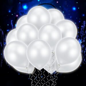 60 pieces led light up balloons white glow in dark balloons luminous glow latex balloons for birthday wedding halloween decor, fillable light up balloons with helium or air(white, round)