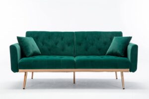 szlizccc 63" green velvet couch, tufted loveseat sofa, convertible futon sofa bed, accent sofa recliner, golden metal legs, 2 couch pillows, mid century modern sofas for home living room bedroom