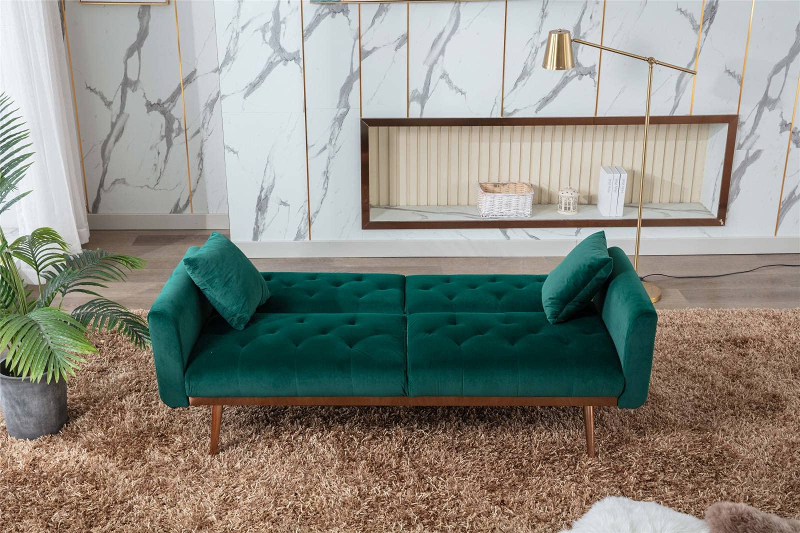 SZLIZCCC 63" Green Velvet Couch, Tufted Loveseat Sofa, Convertible Futon Sofa Bed, Accent Sofa Recliner, Golden Metal Legs, 2 Couch Pillows, Mid Century Modern Sofas for Home Living Room Bedroom