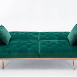 SZLIZCCC 63" Green Velvet Couch, Tufted Loveseat Sofa, Convertible Futon Sofa Bed, Accent Sofa Recliner, Golden Metal Legs, 2 Couch Pillows, Mid Century Modern Sofas for Home Living Room Bedroom