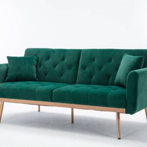 SZLIZCCC 63" Green Velvet Couch, Tufted Loveseat Sofa, Convertible Futon Sofa Bed, Accent Sofa Recliner, Golden Metal Legs, 2 Couch Pillows, Mid Century Modern Sofas for Home Living Room Bedroom