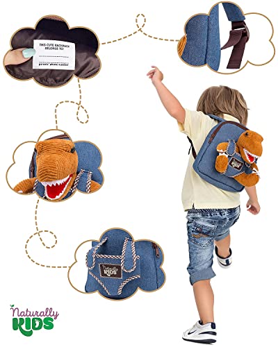 Naturally KIDS Mini Dinosaur Backpack - Dinosaur Toys for Kids Age 2 - Very Small Toddler Backpack for Boys Girls w Stuffed Animals - Little Backpack w Brown Corduroy T Rex