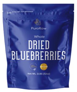 dried blueberries no sugar added, 2 lbs. blue berries fruit, dehydrated blueberries fresh dried blueberries bulk, blueberry raisins. all natural, non-gmo, batch tested, 2 pounds, by puroraw.