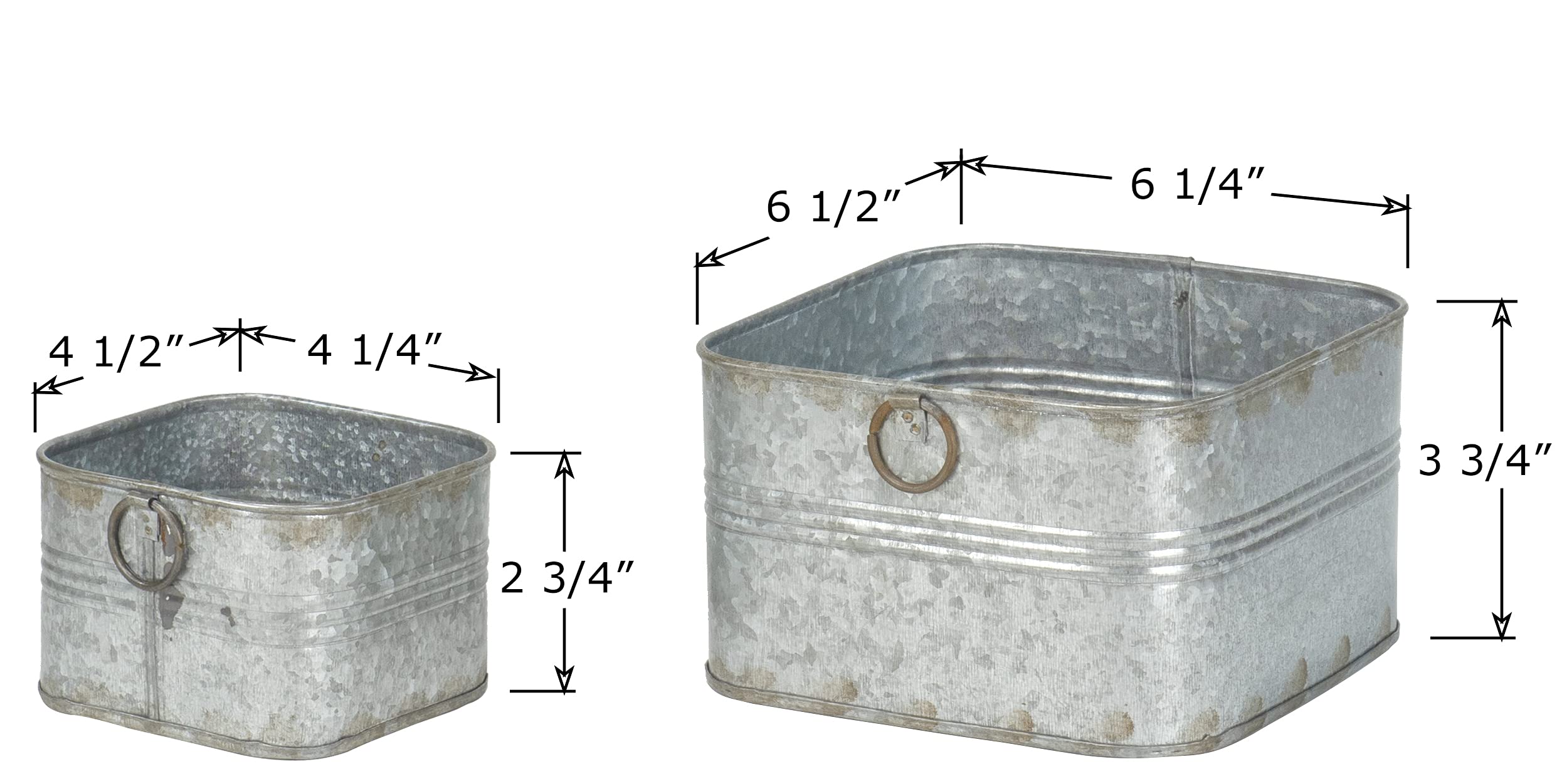 Red Co. 6.5" and 4.5" Square Tub Galvanized Metal Bucket Containers Set of 2, Rusted Gray