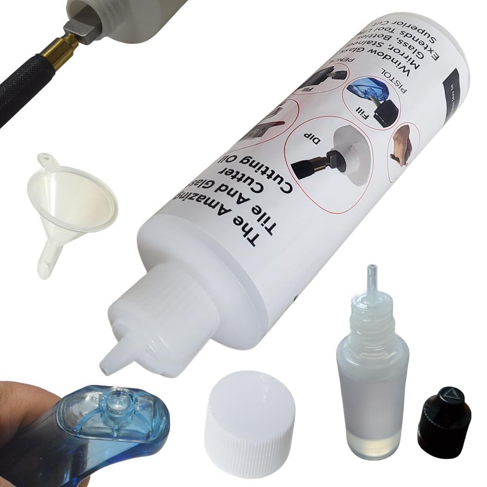 Glass Cutting Oil 8oz Bottle New Oil Fill Kit for All Tools Using Glass Cutter Oil Use for Cutting Thick Glass or Mirrors and Stained Glass, Small Bottle, Spout, Mini Funnel for All Filling Options.