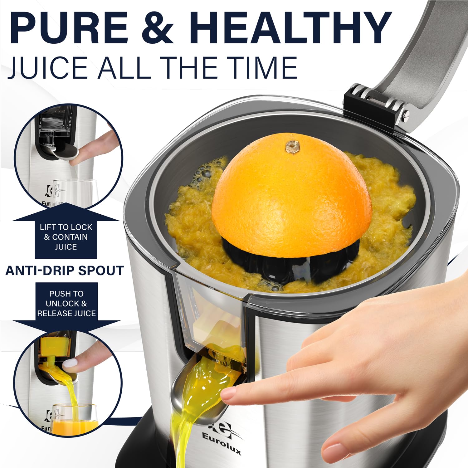 Eurolux Electric Citrus Juicer Power Pro - ELCJ-3000 - with 300 Watts of Power, This is The Most Powerful Juicer, for an Easy Smooth Juicing Experience | with Its New Updated Design