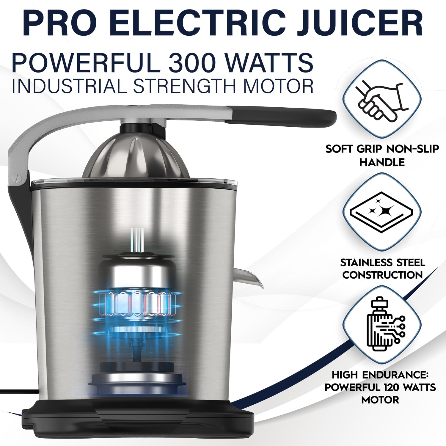 Eurolux Electric Citrus Juicer Power Pro - ELCJ-3000 - with 300 Watts of Power, This is The Most Powerful Juicer, for an Easy Smooth Juicing Experience | with Its New Updated Design