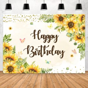 Aperturee 7x5ft Sunflowers Happy Birthday Backdrop Butterfly Gold Dots Girls Women Sweet 16th Bday Photography Background Party Decorations Photo Booth Studio Props Banner Supplies Cake Table