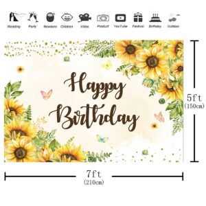 Aperturee 7x5ft Sunflowers Happy Birthday Backdrop Butterfly Gold Dots Girls Women Sweet 16th Bday Photography Background Party Decorations Photo Booth Studio Props Banner Supplies Cake Table