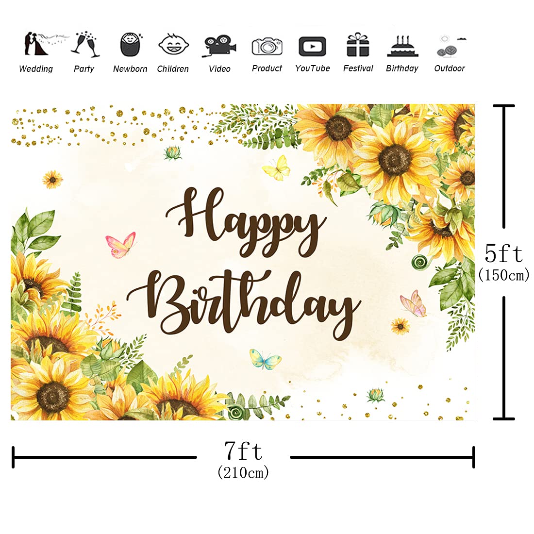 Aperturee 7x5ft Sunflowers Happy Birthday Backdrop Butterfly Gold Dots Girls Women Sweet 16th Bday Photography Background Party Decorations Photo Booth Studio Props Banner Supplies Cake Table