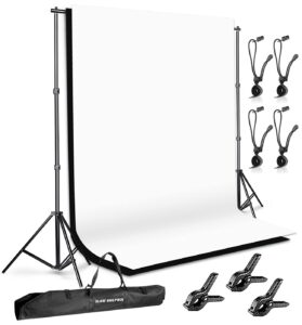 slow dolphin photo background support system with backdrop stand kit, 100% pure muslin 6.5 ft x 10 ft (white/black) backdrop,clamp, carry bag for photography video studio