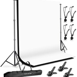 SLOW DOLPHIN Photo Background Support System with Backdrop Stand Kit, 100% Pure Muslin 6.5 Ft x 10 Ft (White/Black) Backdrop,Clamp, Carry Bag for Photography Video Studio