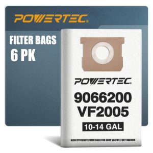 powertec shop vacuum bags 6pk for shop vac type f 90662, type i 90672, vf2005/ craftsman cmxzvbe3877, cmxzvbe38768/ vacmaster vhbl vdbl 10-14 gallon vacuum bag, high efficiency shop vacuum filter bags