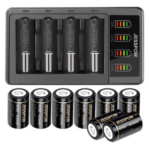 cr2 rechargeable batteries and charger, 450mah 3.7v cr2 battery, 8 pack rcr2 rechargeable batteries for golf rangefinder, telescope, electric toys, smoke alarm and more(not for arlo camera,c battery)