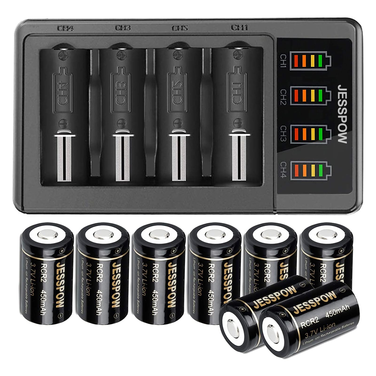 CR2 Rechargeable Batteries and Charger, 450mAh 3.7V CR2 Battery, 8 Pack RCR2 Rechargeable Batteries for Golf rangefinder, Telescope, Electric Toys, Smoke Alarm and More(Not for Arlo Camera,C Battery)