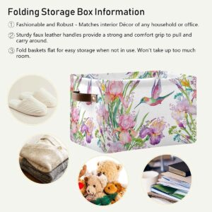 AUUXVA Hummingbirds Irises Flower Storage Bins Basket, Spring Summer Foral Collapsible Storage Cube Rectangle Storage Box with Handles for Shelf Closet Nursery Bedroom Home Office 2 Pack
