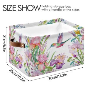 AUUXVA Hummingbirds Irises Flower Storage Bins Basket, Spring Summer Foral Collapsible Storage Cube Rectangle Storage Box with Handles for Shelf Closet Nursery Bedroom Home Office 2 Pack