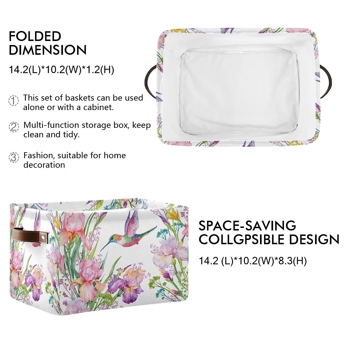 AUUXVA Hummingbirds Irises Flower Storage Bins Basket, Spring Summer Foral Collapsible Storage Cube Rectangle Storage Box with Handles for Shelf Closet Nursery Bedroom Home Office 2 Pack