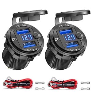 12v usb outlet 2 pack, dual quick charge 3.0, socket waterproof aluminum charger with led voltmeter and power switch, adapter for marine motorcycle truck golf cart rv, car etc.
